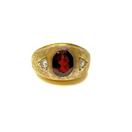 14K Gold Men's Ring with Garnet and Diamond