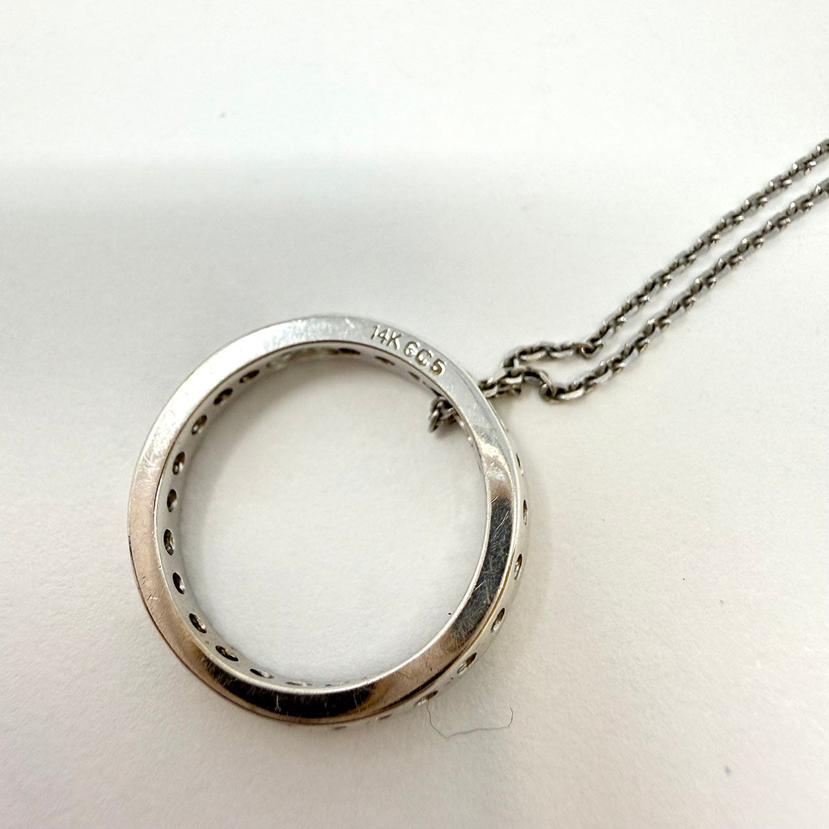 14K White Gold Necklace with Diamond Embellished Circle Pendant