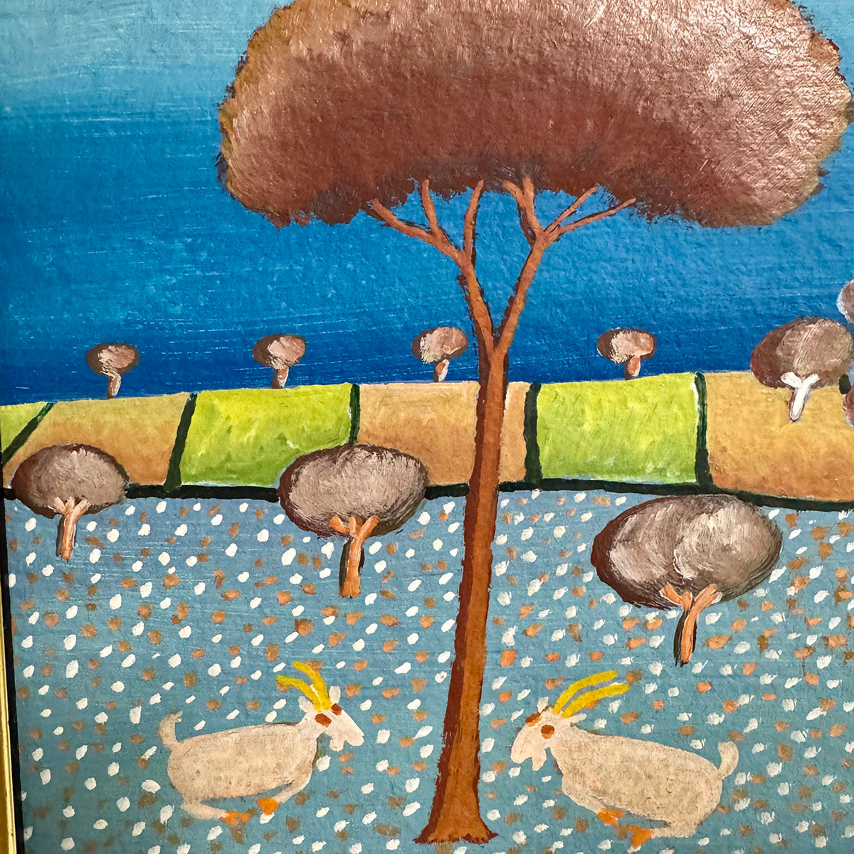 "Folk Art Scene with Goats and a Village" Signed