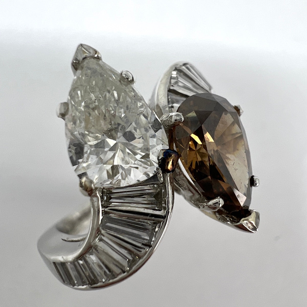 Platinum Twin Diamond Ring with 1.18ct Diamond and 1.17ct Cognac Colored Diamond