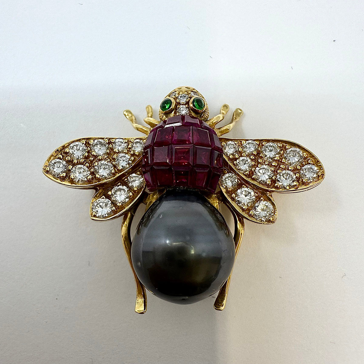 18K Gold Bee Pin with Tahitian Peal, Diamond, Ruby and Tsavorites
