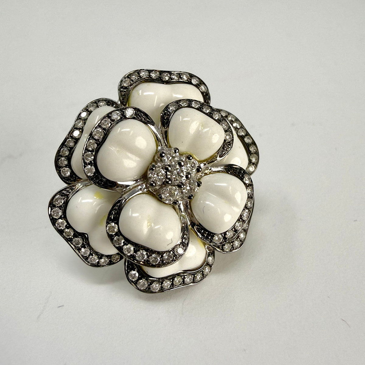 14K White Gold Three Dimensional Floral Shape Ceramic Earrings with Diamonds
