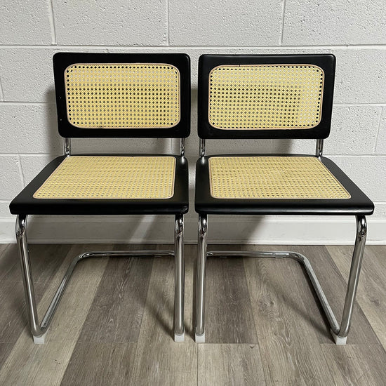 Pair of Black and Rattan Breuer Style Chairs