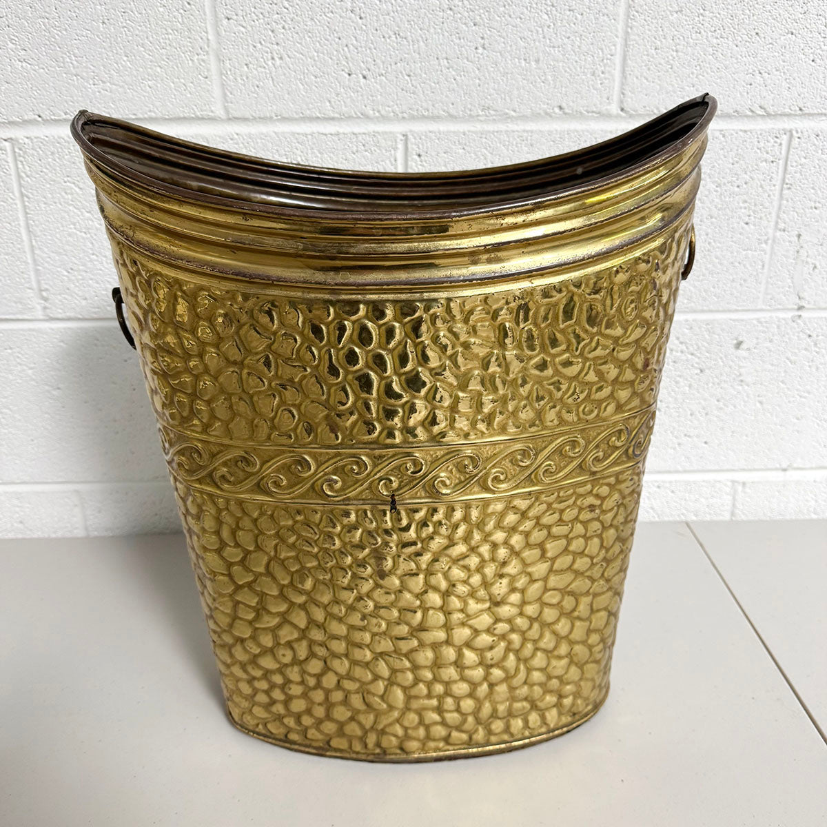 Large Brass Oval Bucket with Embossed Scene 1940's