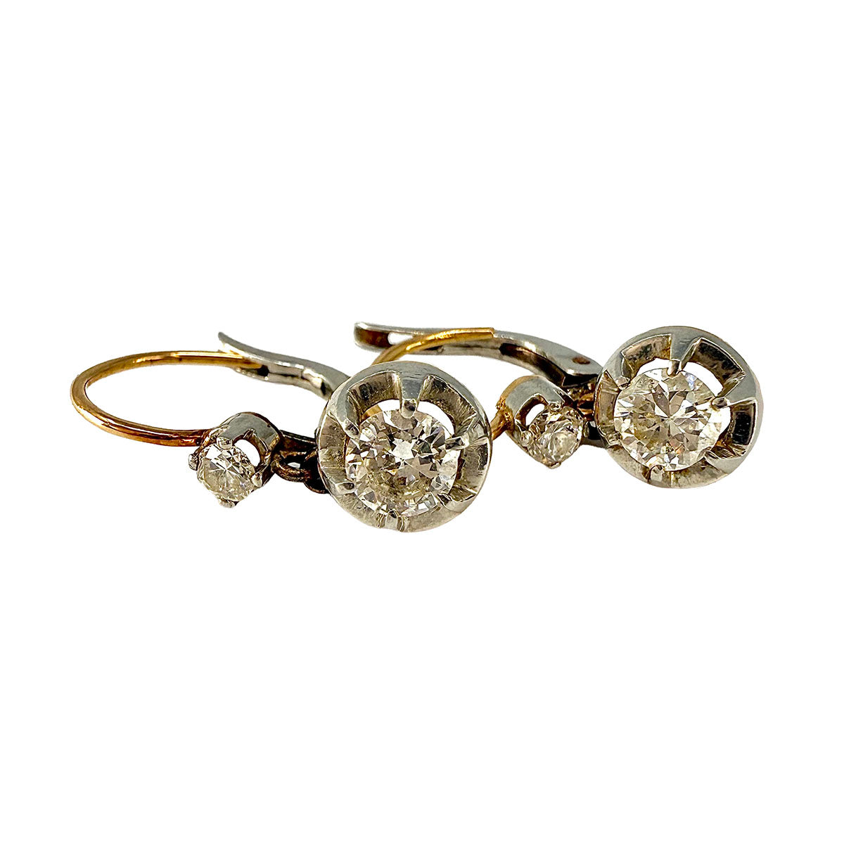 18K Rose and Silver Drop Earrings with 4 Diamonds