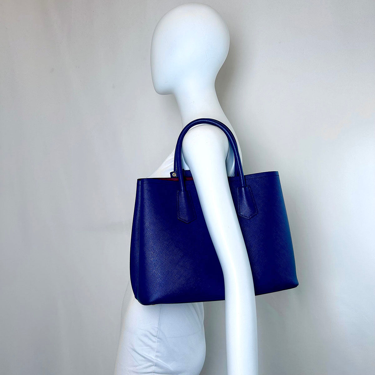 Prada Saffiano Cuir Double Bag with Gold-tone Hardware, Rolled Handlea, Open Top