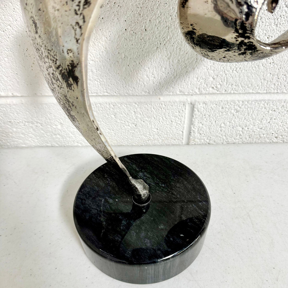 Abstract Brutalist Metal Ribbon Sculpture on base