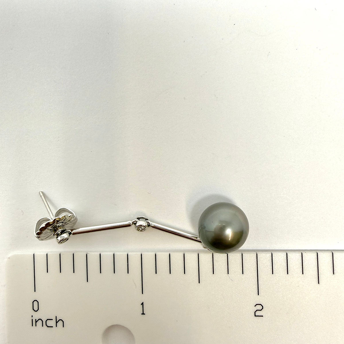 14K White Gold Linear Drop Earrings with Tahitian Pearl and 4 Bezel Set Diamonds