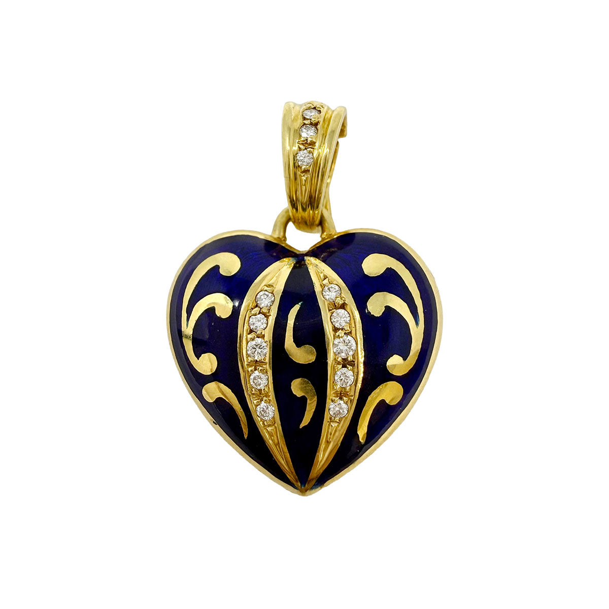 Faberge 18K Gold Heart Shaped Pendant with Blue Enamel and Diamonds