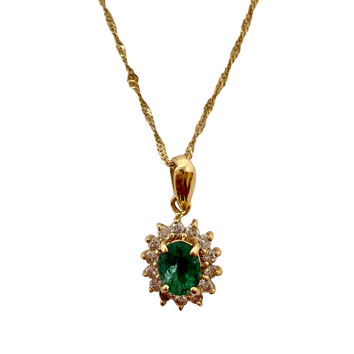 14K Gold Necklace with Emerald and Diamond Pendant