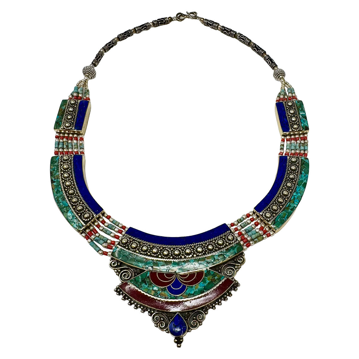 Tribal Red and Blue Inlay Silver Choker Necklace