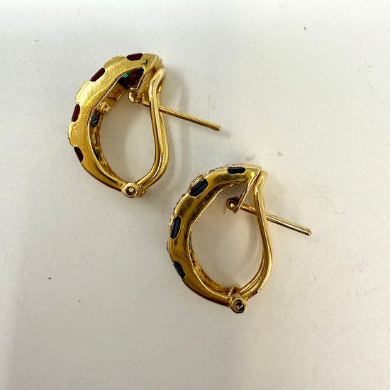 18K Gold Huggie Earrings with Ruby, Emerald, Sapphire and Diamond