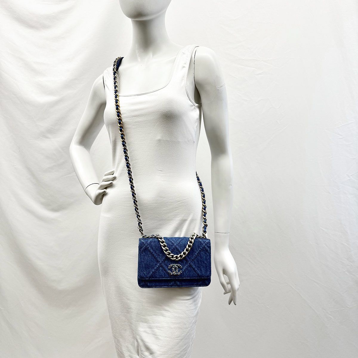 New Chanel 19 Denim Quilted Wallet on the Chain