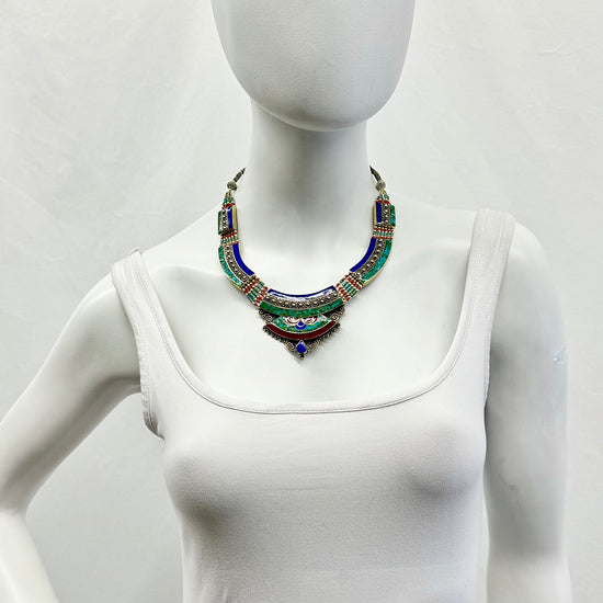 Tribal Red and Blue Inlay Silver Choker Necklace