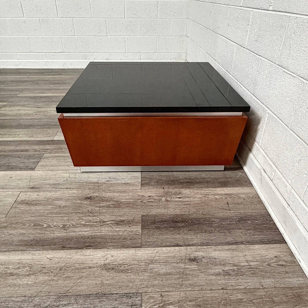 Square Black Stone-Top Coffee Table with Wood Base