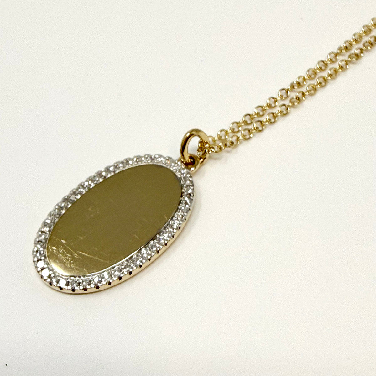 14K Gold Necklace with Oval Pendant with Diamond Halo