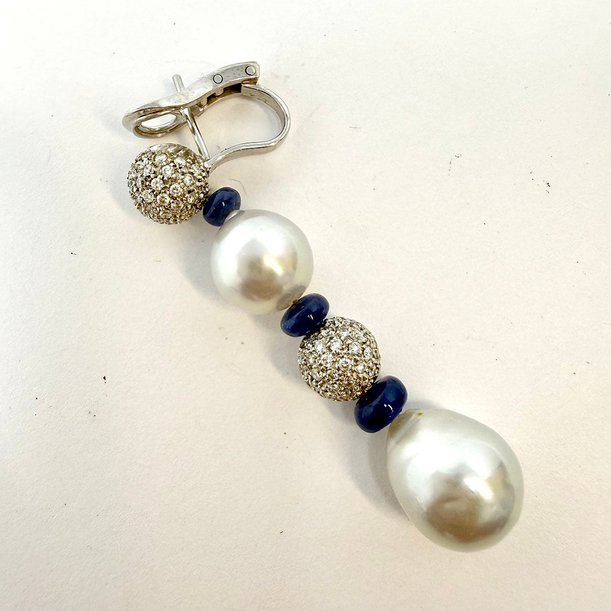 18K White Gold Drop Earrings with 2 Diamond Balls and 2 South Sea Cultured Pearl