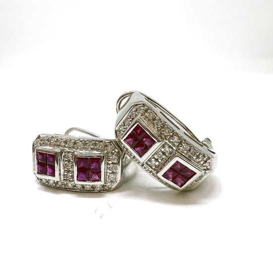 14K White Gold Huggie Earrings with Ruby and Diamonds