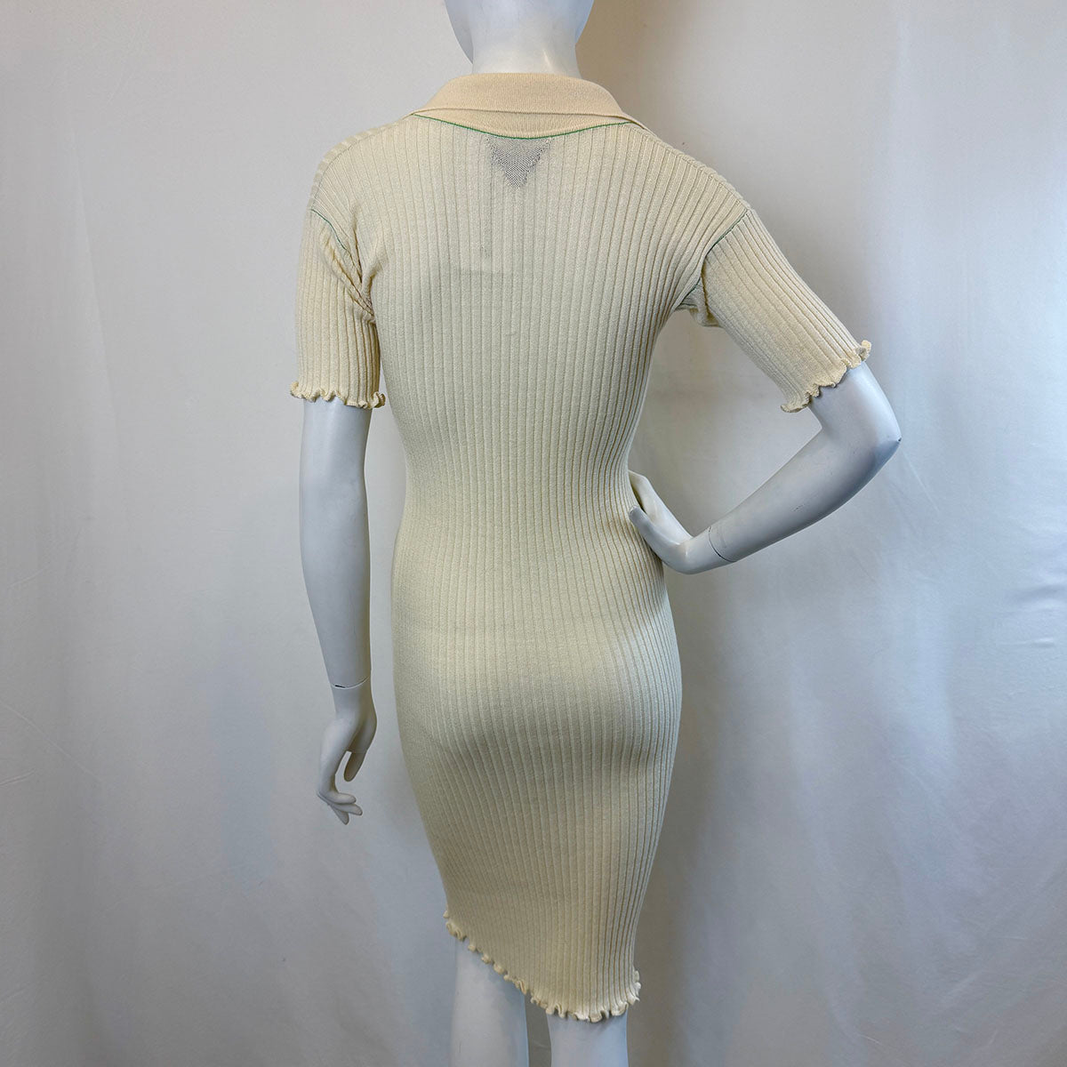 Bottega Veneta Short Sleeve Ribbed Midi Dress with Ruffle Trim,Pointed Collar an