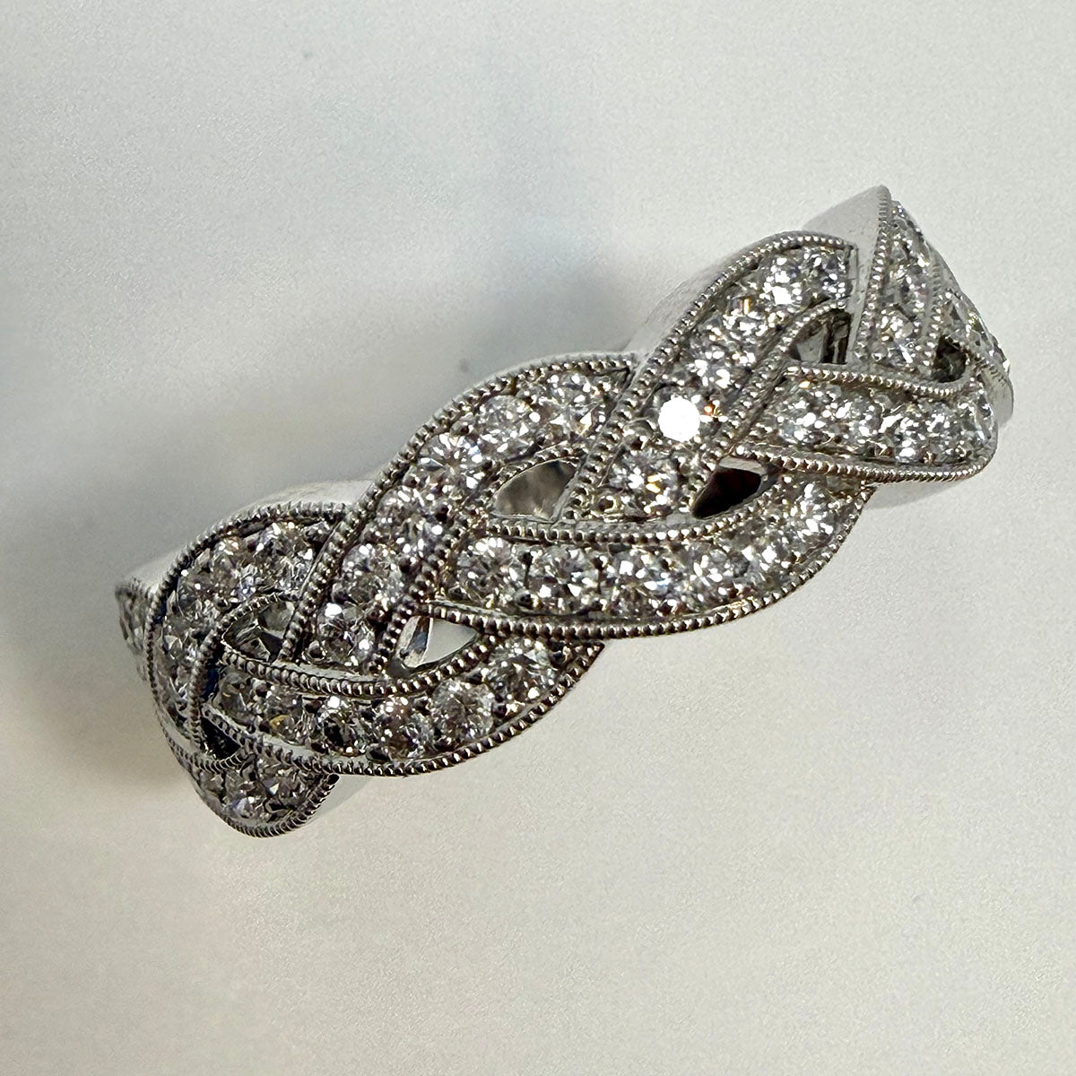 14K White Gold Weave Design Ring with Diamonds