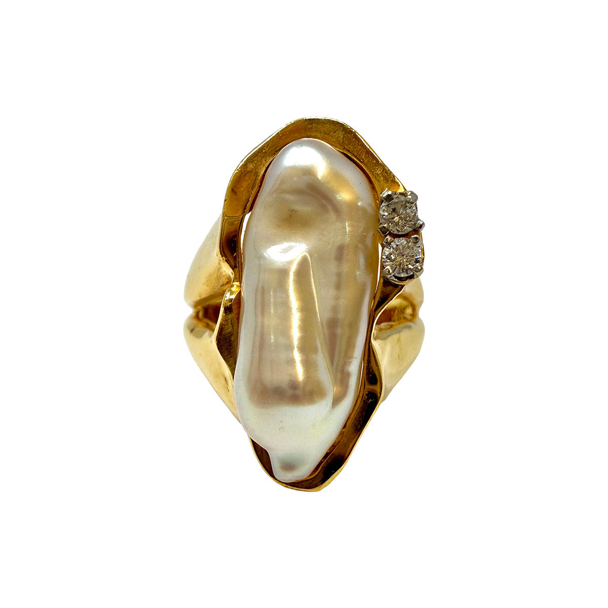 14K Yellow Gold Rudolph Friedman Ring with Elongated Pearl and 2 Diamonds