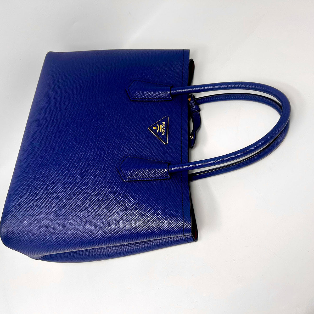 Prada Saffiano Cuir Double Bag with Gold-tone Hardware, Rolled Handlea, Open Top
