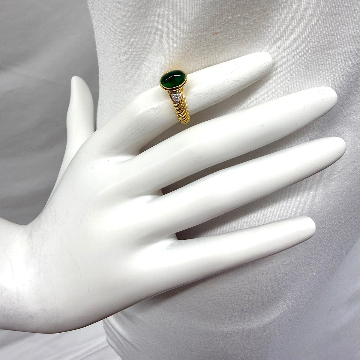 Montreaux 18K Gold and Platinum Ring with Emerald Cabochon and 2 Diamonds