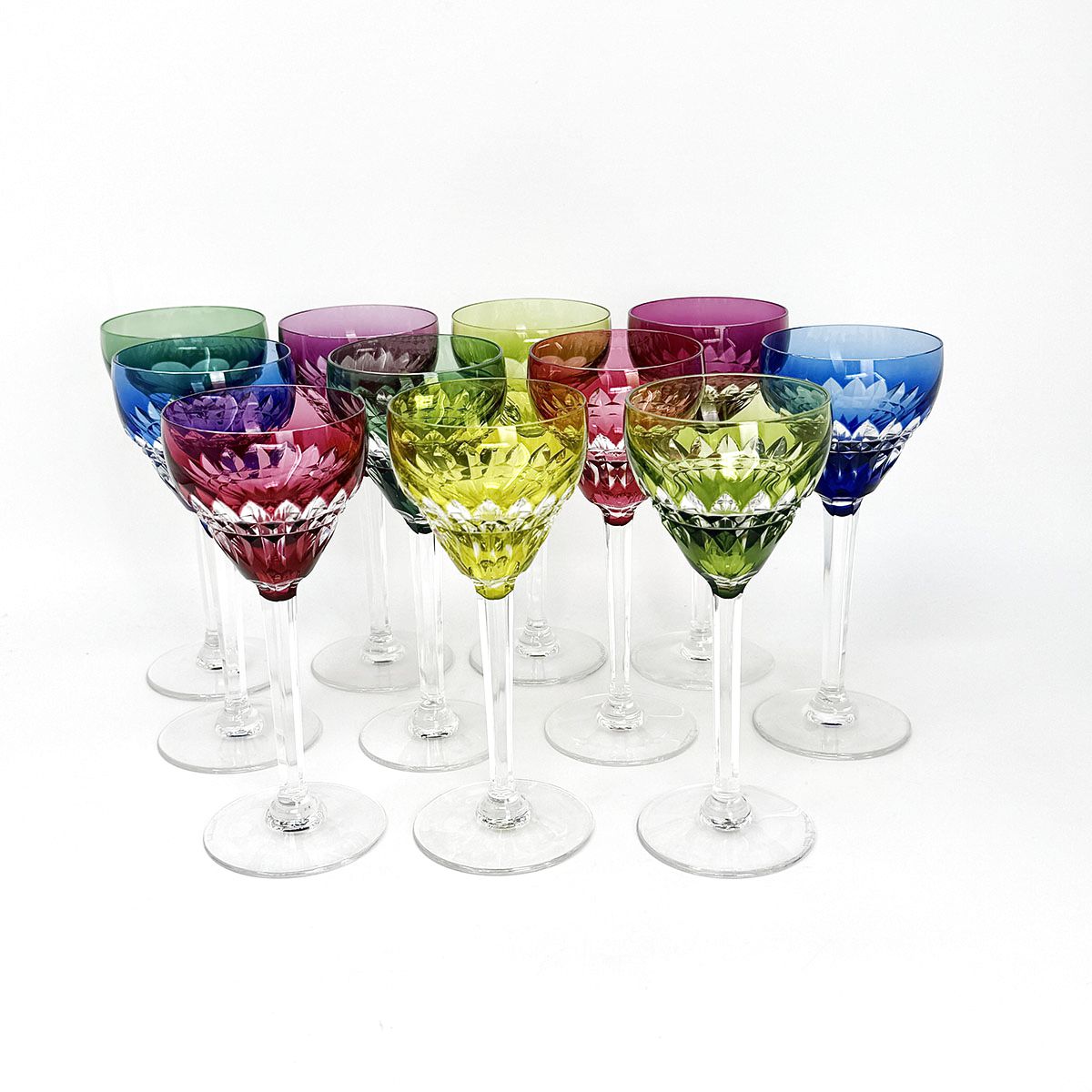 Val St Lambert Set of 11 Wine Glasses Various Colors Cut Crystal