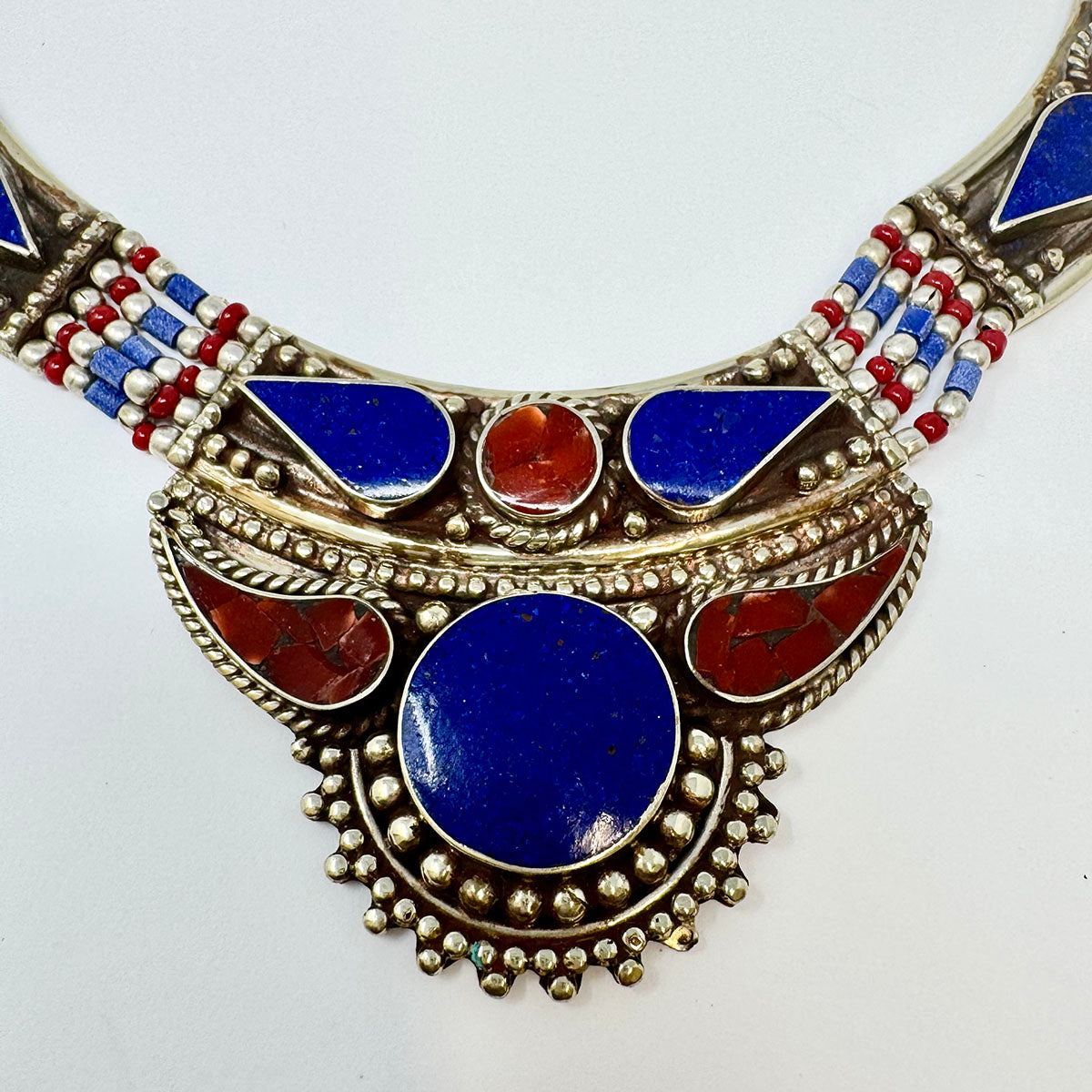 Tribal Red and Blue Inlay Silver Choker Necklace
