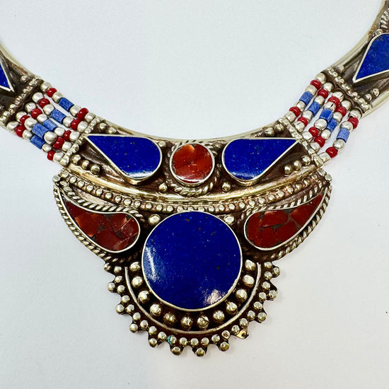 Tribal Red and Blue Inlay Silver Choker Necklace