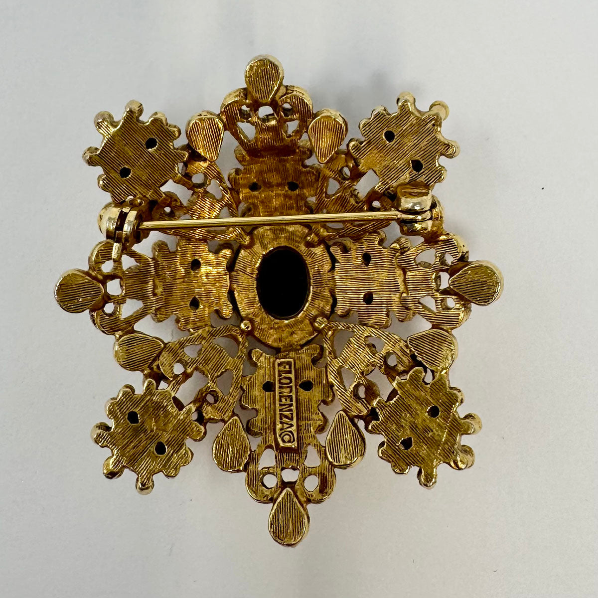 Florenza Ornate Gilded Brooch with Onyx and Pearl Accents