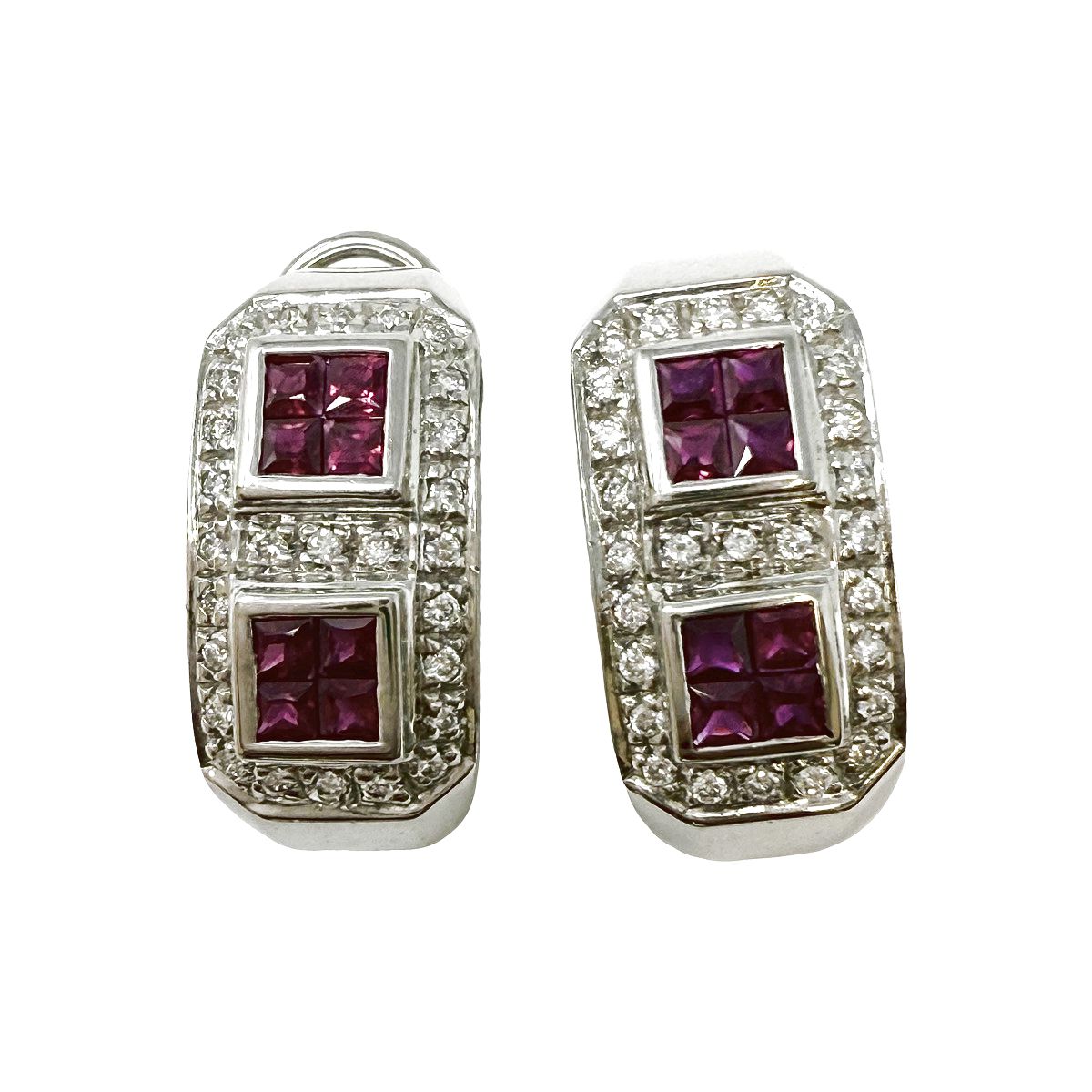 14K White Gold Huggie Earrings with Ruby and Diamonds