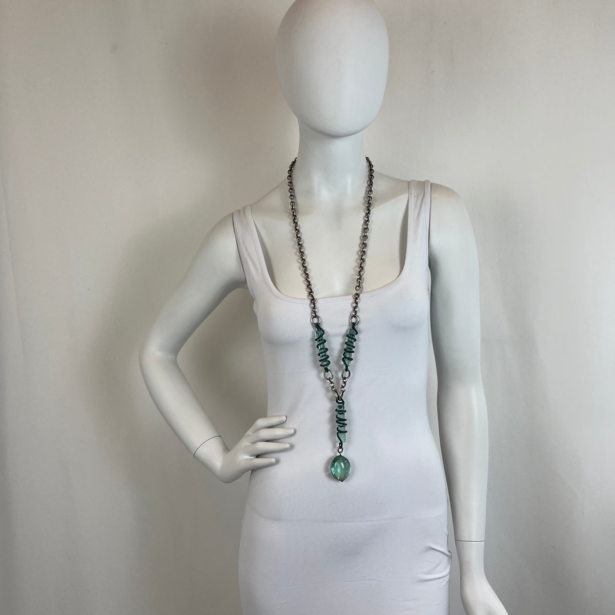 Giorgio Armani 36" Silver Oval Link Necklace with 3 Turquoise Lucite Stick Links