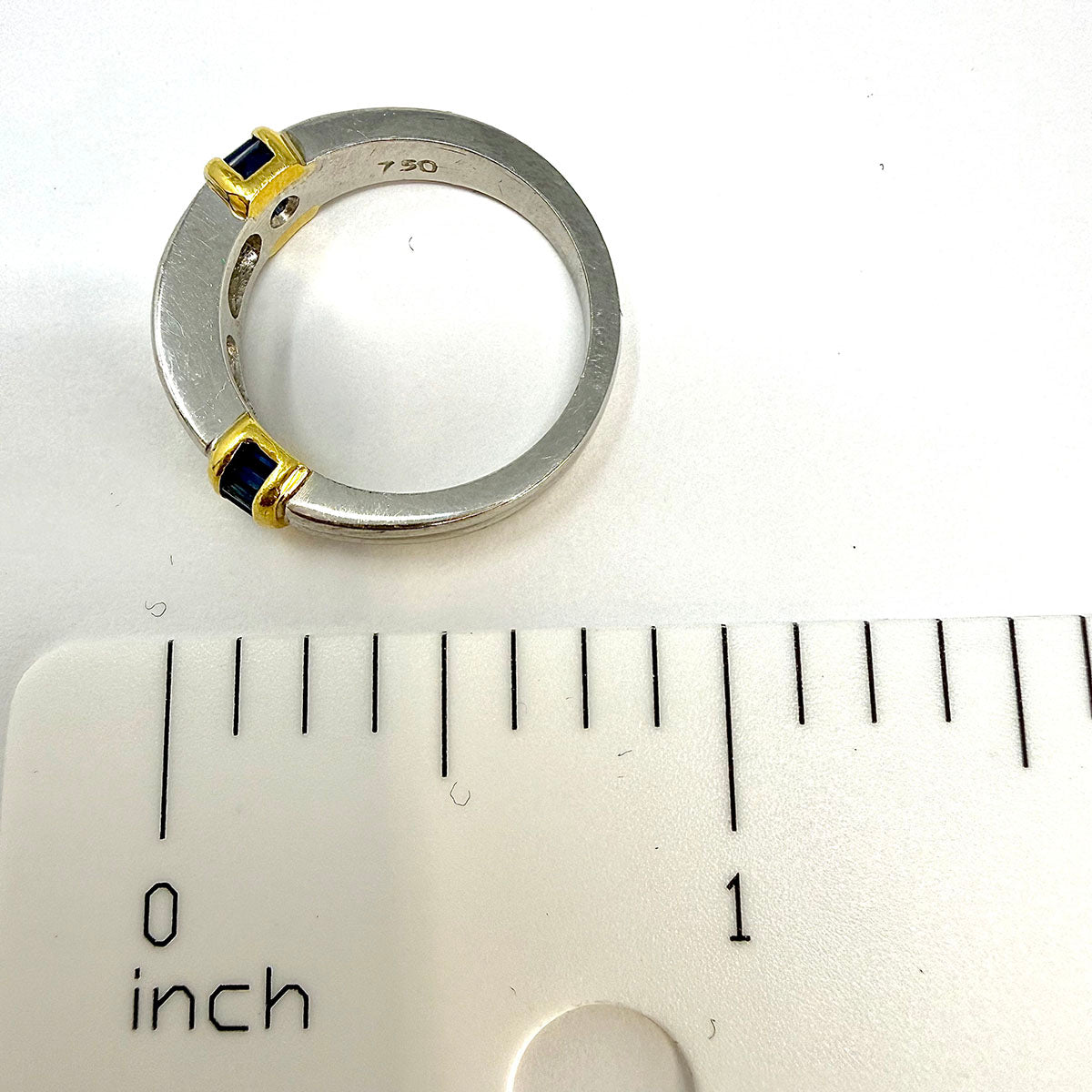Platinum and 18K Gold Ring with 5 Diamonds and 18 Baguette Sapphires