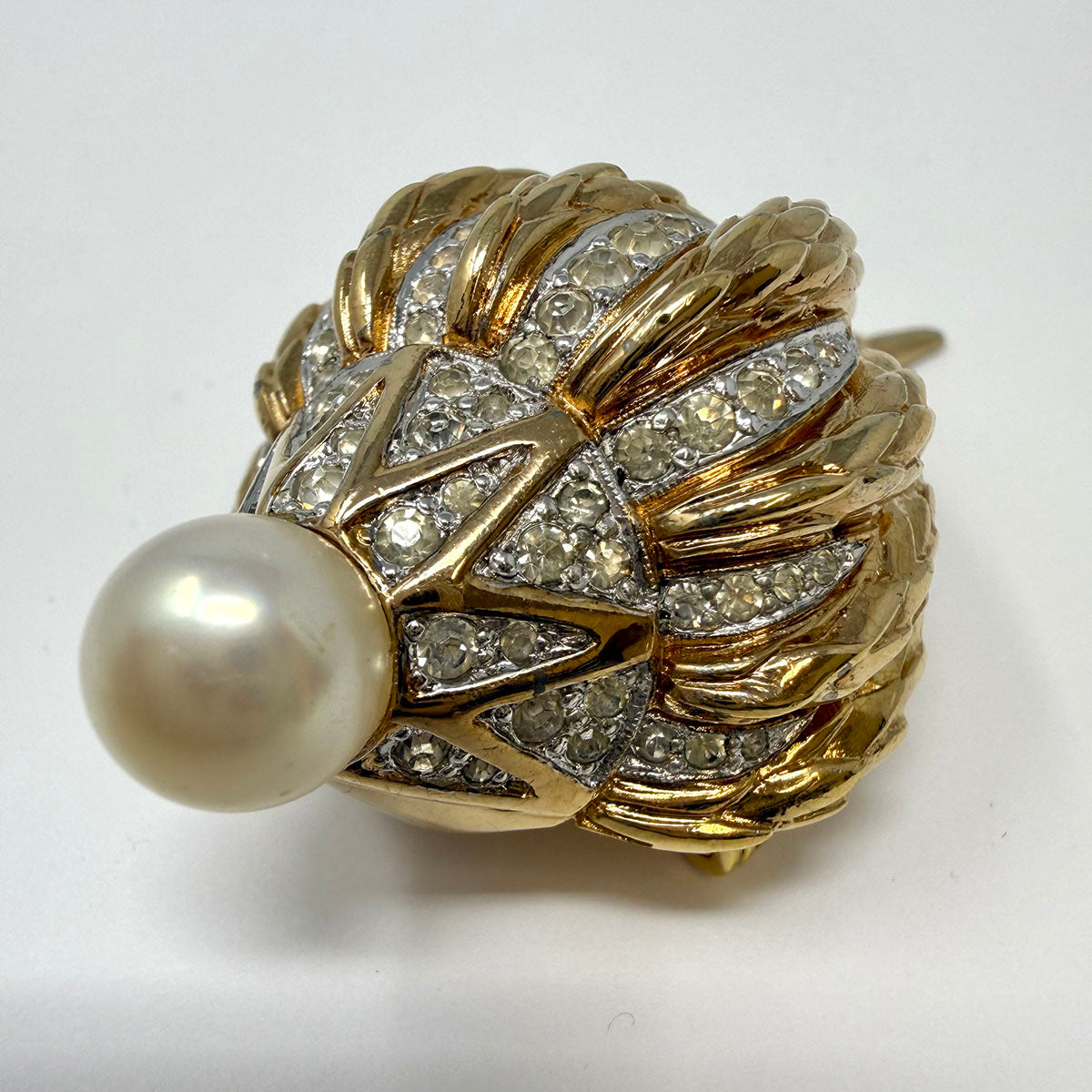 D'Orlan Gold-tone Shell Brooch with Rhinestones and Faux Pearl