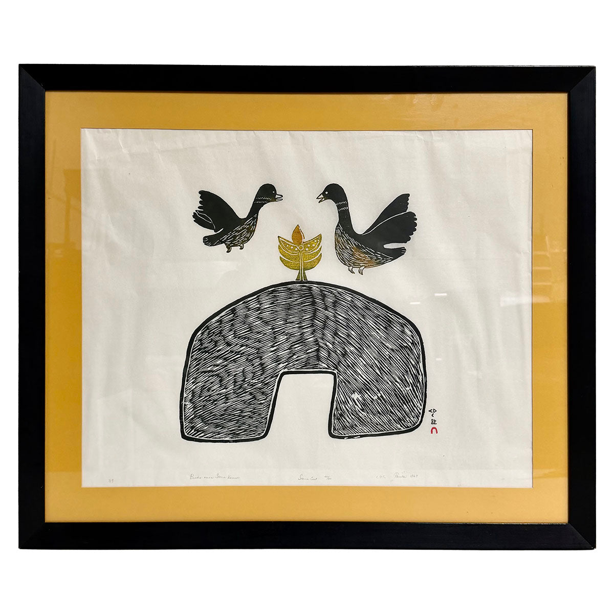 Framed Stone Prin,t Folk Art "Birds Over Stone House" signed edition 40/50