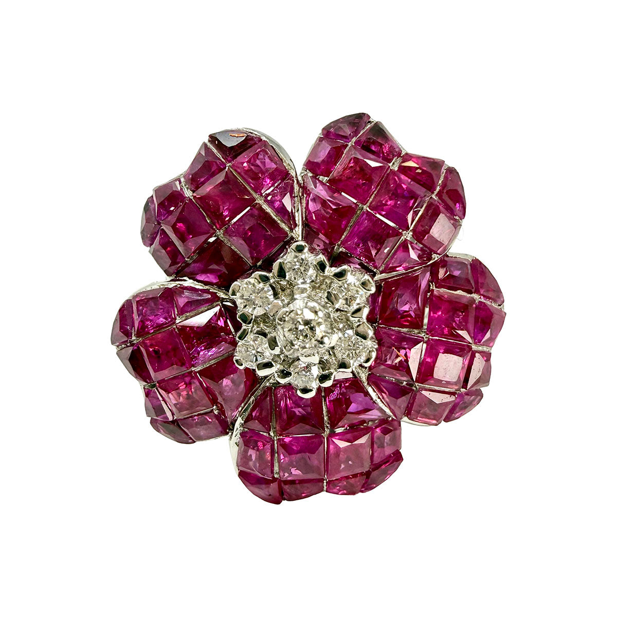 18K White Gold  Floral Ring with Ruby and Diamond