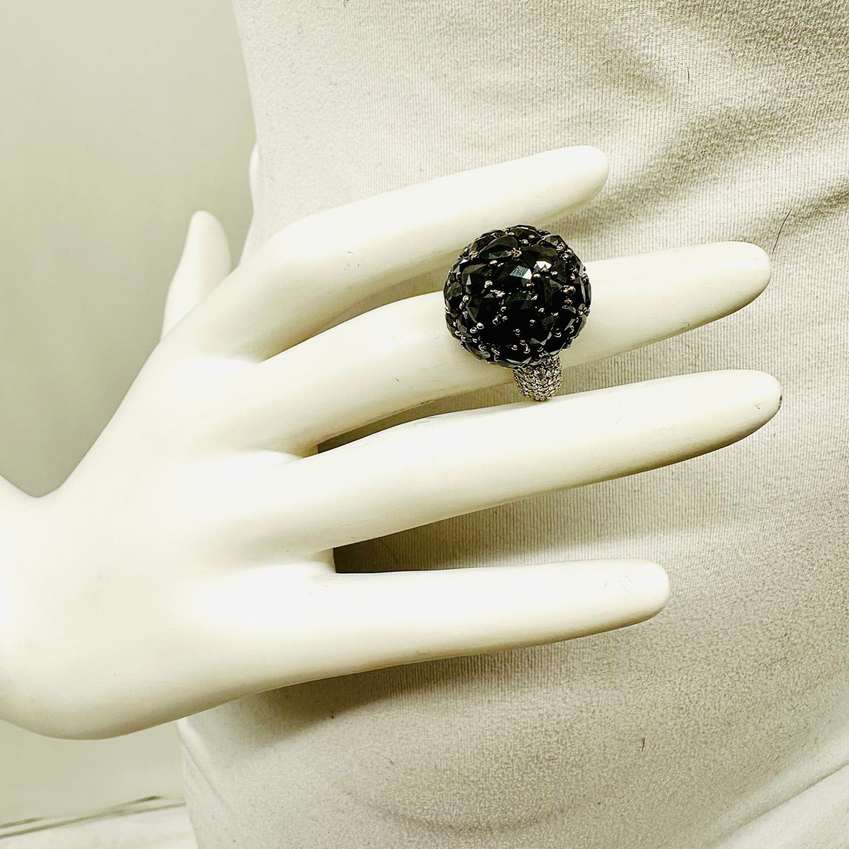 18K White Gold  Diamond Dome  Ring With Black and Clear Diamonds