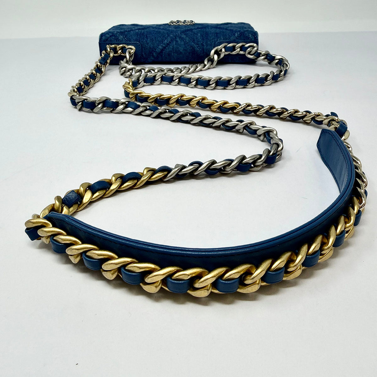 New Chanel 19 Denim Quilted Wallet on the Chain