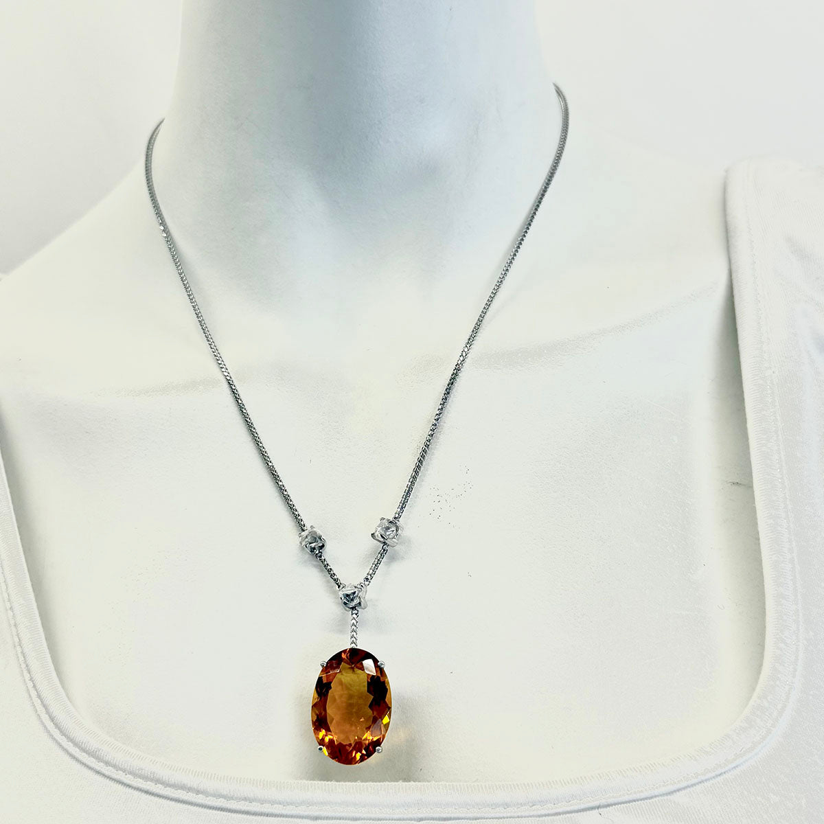 14K White Gold Necklace with Citrine and 3 Raw Diamonds