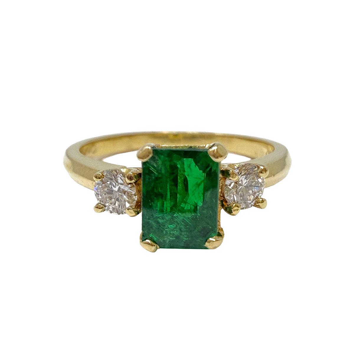 18K Gold Ring with Prong Set Emerald and 2 Diamonds