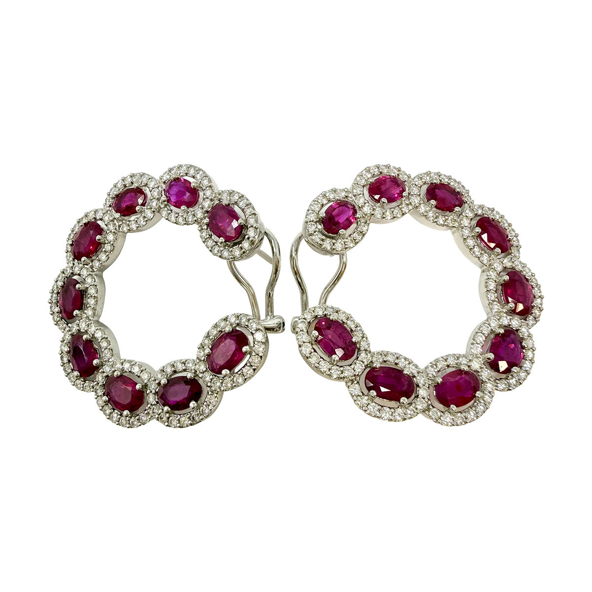 Hasbani 18K White Gold Round Earrings with Ruby and Diamonds