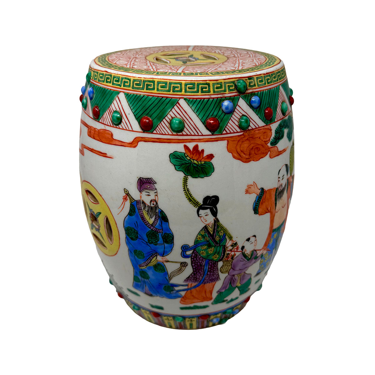Asian Enameled Porcelain Garden Stool "Eight Immortals"