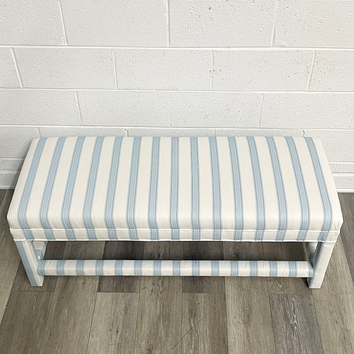 Light Blue and White Striped Upholstered  Bench