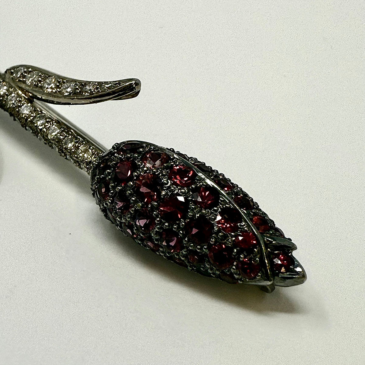 18K White Gold Diamond and Red Sapphire Flower Pin