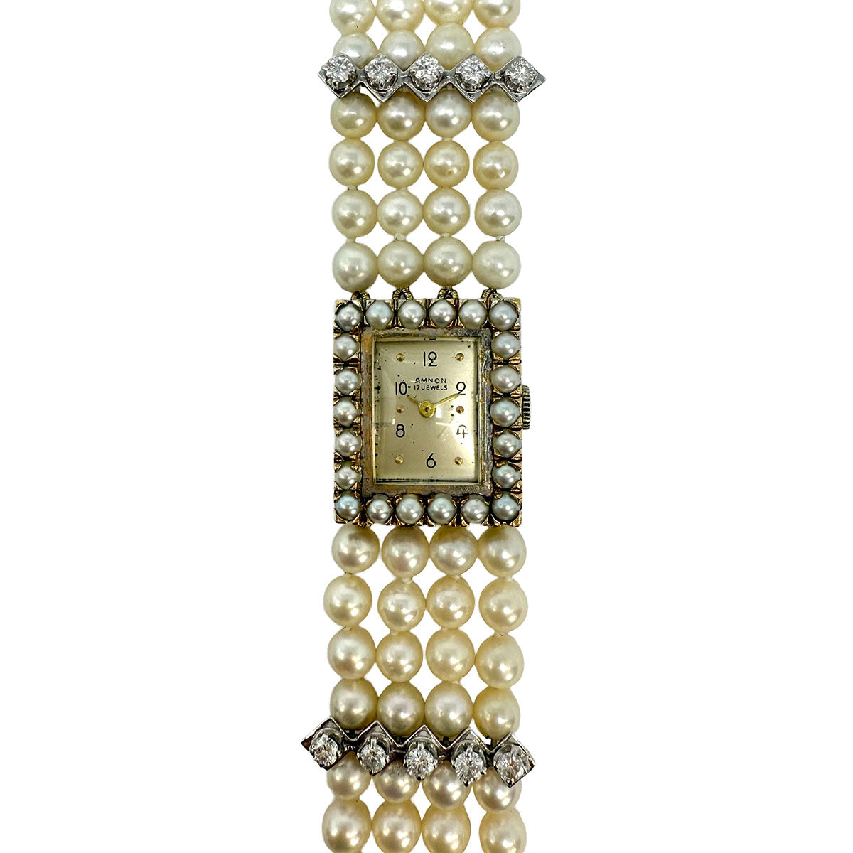 Amnon 17 Jewel Watch with 4 Strand Pearl Strap and Diamonds