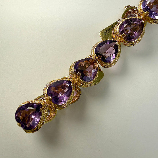 Vintage 14K Gold Heart Shaped Amethyst Link Bracelet