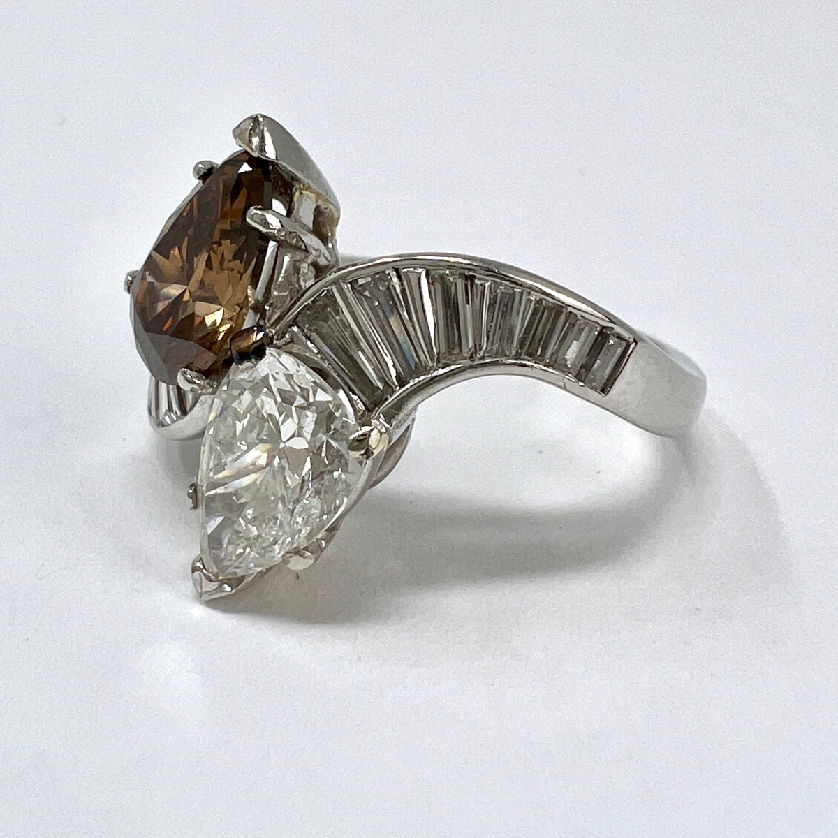 Platinum Twin Diamond Ring with 1.18ct Diamond and 1.17ct Cognac Colored Diamond
