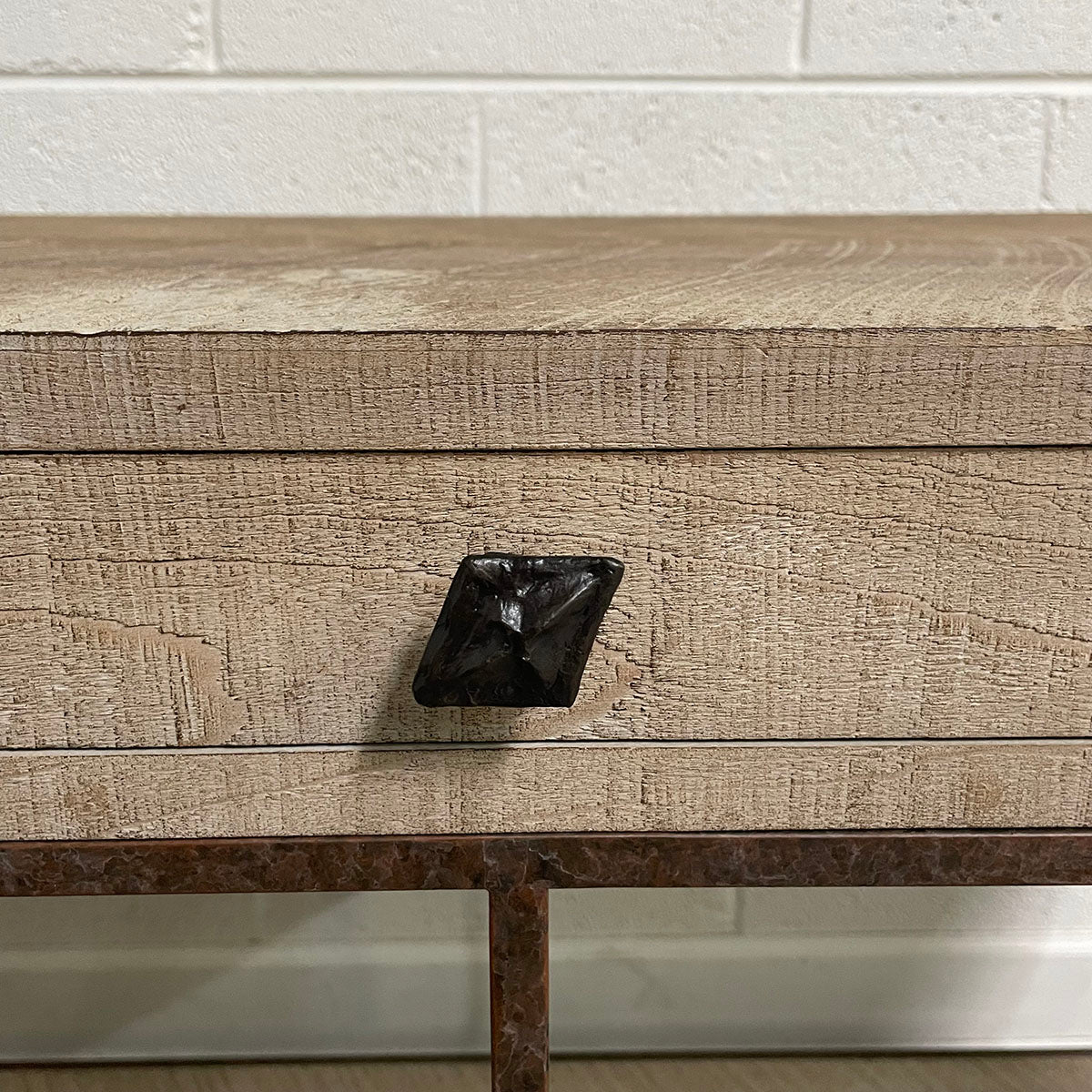 Raw Wooden Nightstand with Iron Base