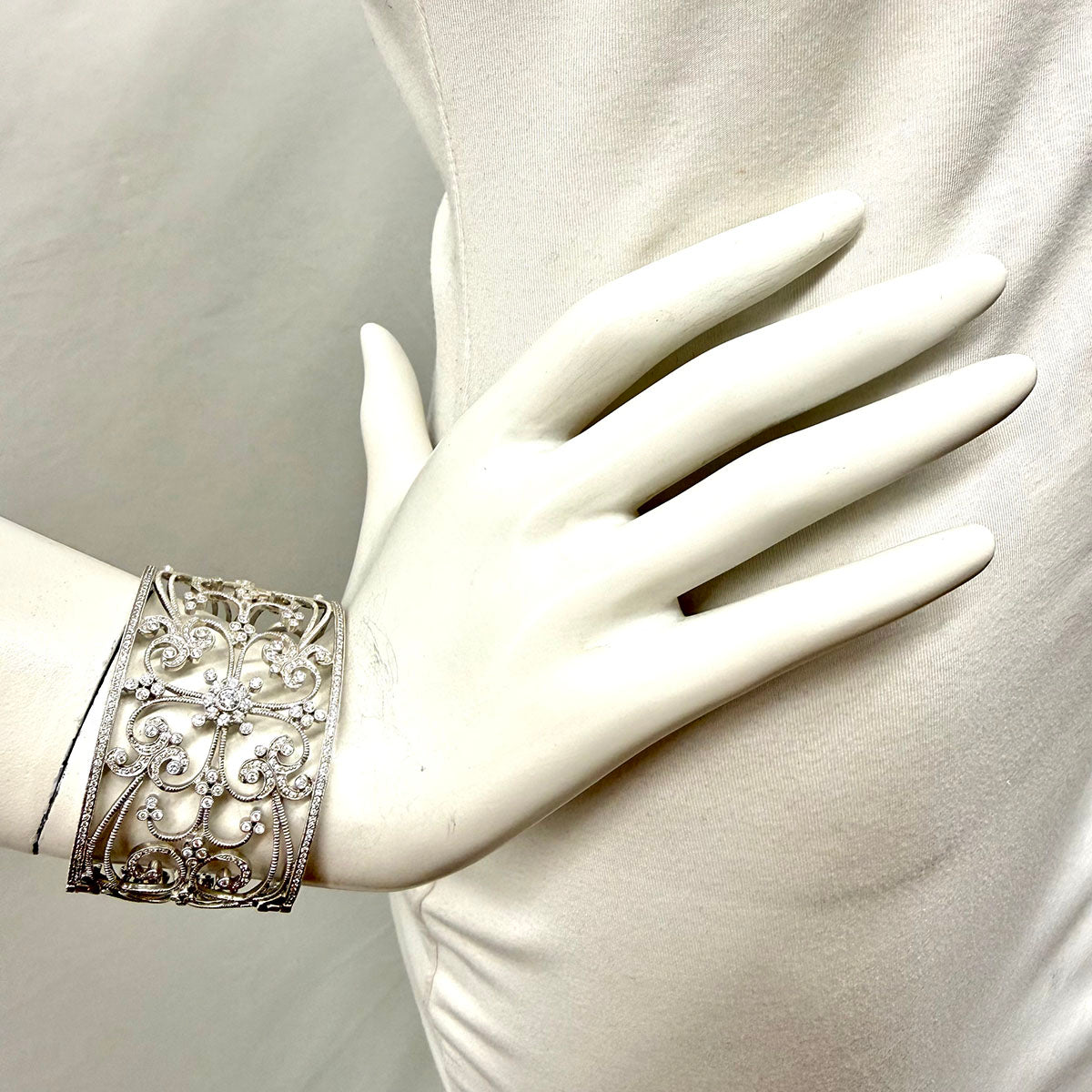 Leslie Greene Wide 18K White Filigree Diamond Cuff Bracelet - appraisal